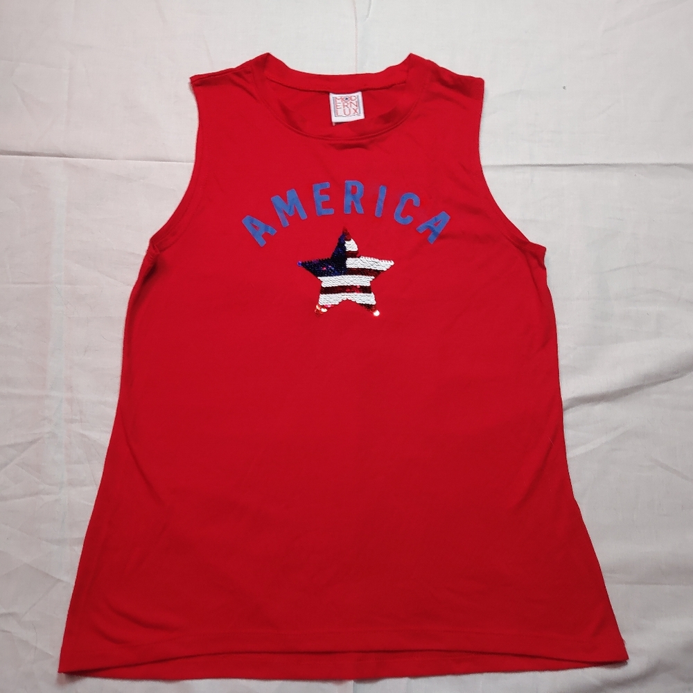 Modern Lux Tank Top Women's Small Red America Sequin Sleeveless Round Neck Shirt